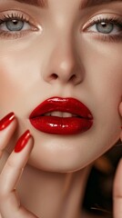 Fototapeta premium Close-up portrait of a woman with red lips and nails, showcasing a classic and elegant look. Focus on lips, nose, and smooth skin against a dark background.
