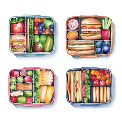 AI generated watercolor illustration set of colorful school lunchboxes for kids with healthy food. Back to school theme. Idea for children’s books, print, posters, etc.