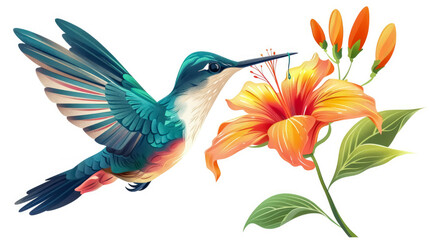 Obraz premium A vibrant hummingbird hovering near a bright orange flower with green leaves in a natural setting during daytime, showcasing the beauty of wildlife and nature's colors