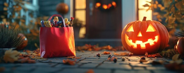 Spooky Halloween candy bag filled with treats, placed on a doorstep with a carved pumpkin nearby, Festive, Warm Glow, Detailed