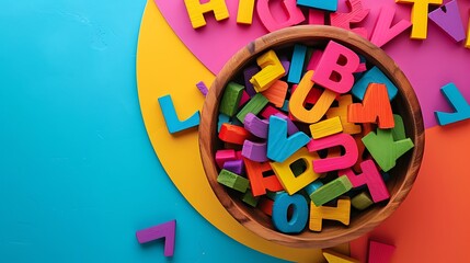 Colorful wooden letters in a container isolated on colorful background