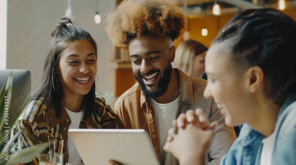 Aufkleber In a vibrant contemporary workspace, a diverse trio engages joyfully while discussing ideas over a digital tablet, creating a warm atmosphere of collaboration and camaraderie