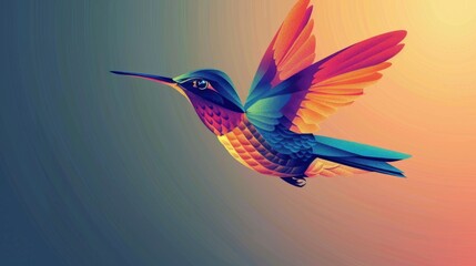 Obraz premium Colorful hummingbird in mid-flight showcasing vibrant feathers against a softly lit background, capturing its grace and agility during a serene moment