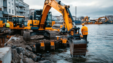 Construction site with excavators and workers in safety gear near water, performing earthmoving and dredging tasks.