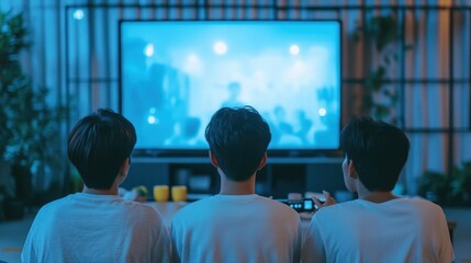 Fototapeta premium Three friends sit closely on a couch, watching an engaging movie together in a warm, cozy atmosphere at home