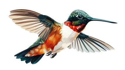 A lively hummingbird flutters gracefully with its wings spread wide, displaying vibrant feathers and a striking iridescent throat against a muted background that accentuates its beauty.