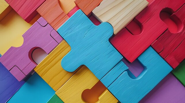 Colorful wooden pieces of a logic puzzle isolated on colorful background