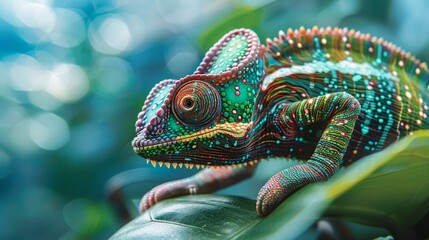 Obraz premium AI Chameleon with circuit board skin pattern, blending into tech environment, symbolism of AI adaptability, digital integration, technology evolution