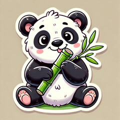 happy young panda eating bamboo