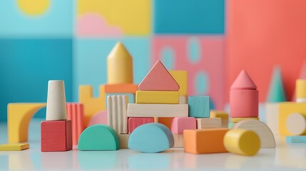 Fototapeta premium Colorful wooden pieces of play set on white table indoor isolated on colorful background