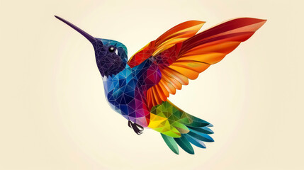 Obraz premium A vibrant hummingbird hovers gracefully with colorful feathers displayed against a soft background, showcasing nature's beauty and artistic design