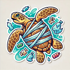 sea turtle trapped in plastic trash, can not escape