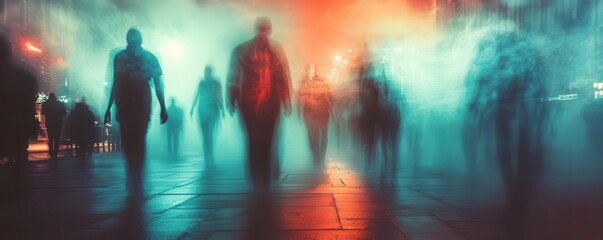 Spooky Halloween night ghost tours with participants exploring haunted places, encountering ghostly figures, Creepy, Cool Tones, Atmospheric
