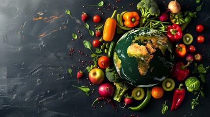Conceptual globe made of assorted fruits and vegetables, healthy eating, sustainable food, global nutrition, earth-friendly diet