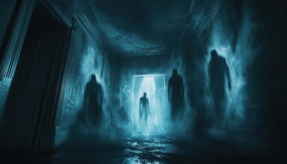 Spooky Halloween night ghostly apparitions floating through a dark, haunted mansion, captured in eerie lighting, Creepy, Cool Tones, Atmospheric