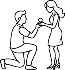 A man kneeling proposing to a womanline art illustration