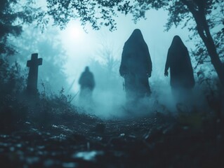 Spooky Halloween night haunted narratives with ghostly figures drifting through a dark, foggy cemetery, Spooky, Cool Tones, Atmospheric