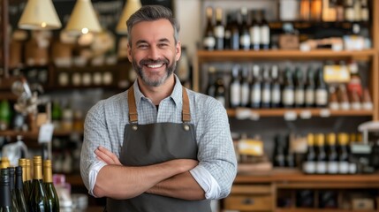 Smiling middle-aged man working in a wine shop. Senior employment, part-time jobs, active retirement, small business, retail work, community engagement, wine industry concept.