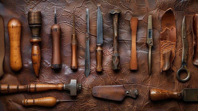 Diverse leather crafting tool sets on real leather with space for text