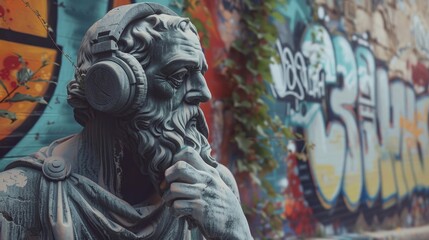 Greek philosopher statue with headphones in an urban graffiti setting. Concept of the intersection between tradition and modernity, blending classical art with contemporary culture.