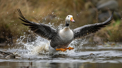 Bar-Headed Goose Landing on Water in Graceful Flight Scene