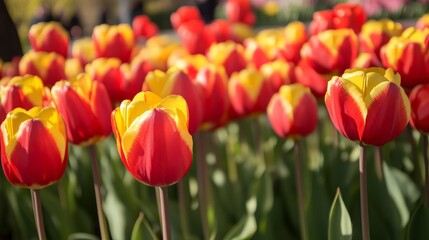 Fototapeta premium Red and Yellow Tulips in a Garden