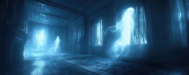 Spooky Halloween night haunted narratives with ghostly figures drifting through a dark, foggy cemetery, Spooky, Cool Tones, Atmospheric