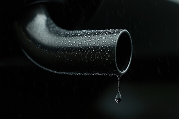 Raindrops on Curved Chrome Exhaust Pipe Close Up