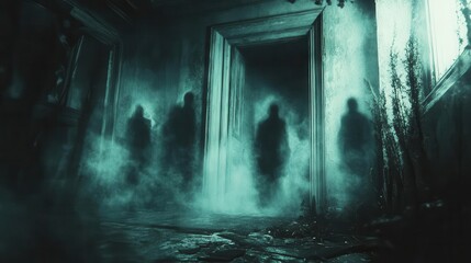 Spooky Halloween night haunted legends with ghostly figures appearing in the shadows of a haunted house, Creepy, Cool Tones, Atmospheric