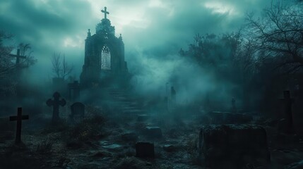 Fototapeta premium Spooky Halloween night haunted tales with ghostly figures drifting through a dark forest, captured in eerie lighting, Creepy, Cool Tones, Atmospheric