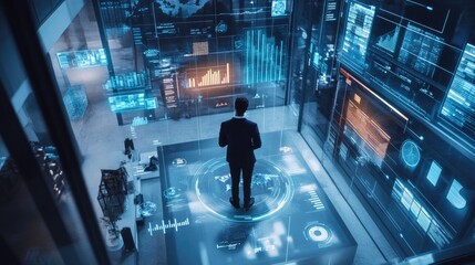 A businessman standing in front of a curved digital interface with holographic data and world map projections, analyzing global information in a high-tech environment...