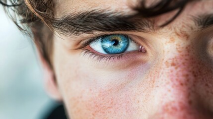 Fototapeta premium Close-up of a young man's piercing blue eye with freckles