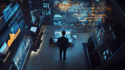 A businessman standing in front of a curved digital interface with holographic data and world map projections, analyzing global information in a high-tech environment...