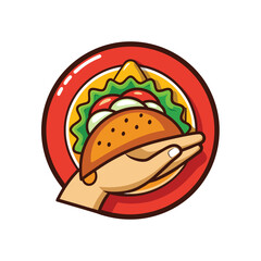 Hands holding taco mexican food mascot logo design icon vector illustration badge