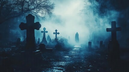 Spooky Halloween night myths with ghostly apparitions floating through a dark forest, captured in eerie lighting, Spooky, Cool Tones, Atmospheric