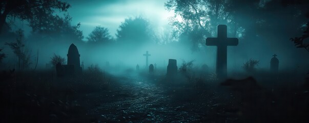 Spooky Halloween night specters drifting through a dark, foggy graveyard, captured in eerie lighting, Spooky, Cool Tones, Atmospheric
