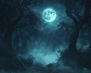 Obraz premium Spooky Halloween night spirits drifting through a dark forest, captured in eerie, low lighting, Spooky, Cool Tones, Atmospheric