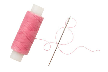 Old spool of thread and needle on a white background. Sewing accessories