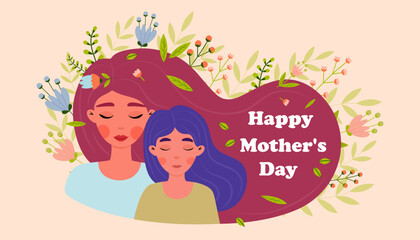 Colorful illustration celebrating Mother's Day with mothers and daughters surrounded by flowers