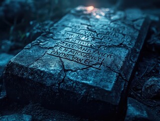 Obraz premium Spooky tombstone with a cracked surface and eerie inscriptions, glowing under the moonlight, Creepy, Cool Tones, Atmospheric