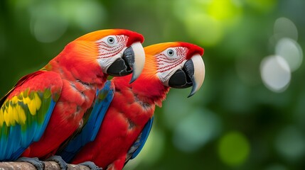 Fototapeta premium Macaws, perched on branches, tropical rainforest, bright plumage, vivid details