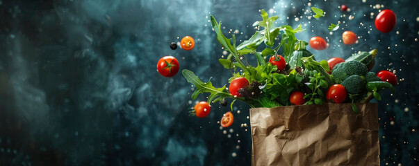 Fresh vegetables and herbs overflowing from a brown paper bag on a dark textured background illuminated with scattered light with copy space. banner