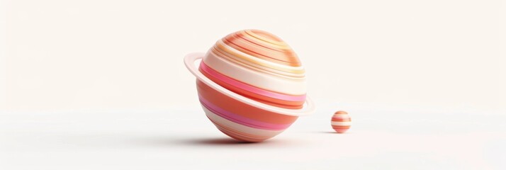 Obraz premium 3D single icon of a striped planet with rings, representing a cosmic element, isolated on a white background