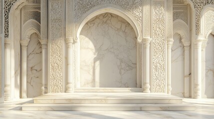 Intricate arabesque pattern in ornate architectural setting with arches and pillars, bathed in soft sunlight creating a tranquil atmosphere