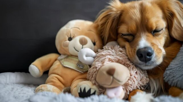 A dog peacefully sleeps beside a cuddly teddy bear, creating a heartwarming scene of companionship and tranquility, perfect for evoking feelings of comfort and joy.