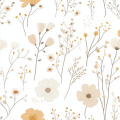 Seamless, Floral pattern, Hand-drawn flowers, Pastel colors, Minimalist design, Cute flowers, Soft colors, Simple drawing, White background, Negative space, Decorative design, Vector pattern