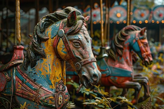 Close-up of a weathered carousel horse, faded paint, overgrown with plants.  The horse's head is turned to the side, gazing into the distance.  The carousel is in disrepair, hinting at a bygone era.