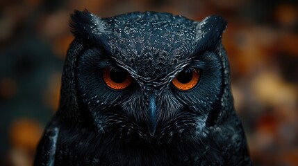 close up of Great Spotted Owl, dark grey, autumn leaves, majestic, detailed plumage, intense gaze, sharp talons, dark silhouette, Ultra Realistic, National Geographic, ARRIFLEX 35 BL Camera, Cannon K3