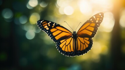 Naklejka premium Close-up of a monarch butterfly perched on vibrant yellow wildflowers in a sunlit forest, capturing the serenity of nature...
