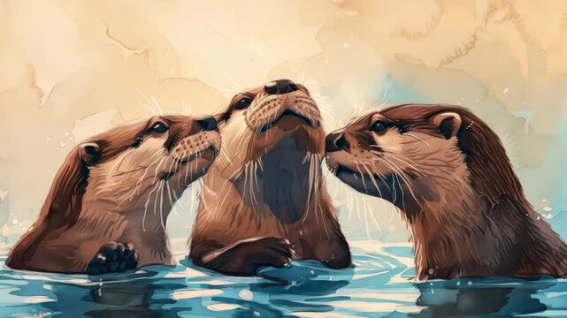 Three playful otters frolic in the shimmering water, their sleek bodies gliding gracefully as they splash and interact with one another in a lively display of nature's charm.